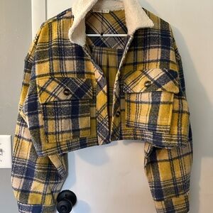 Plaid Cropped Jacket with Sherpa Collar